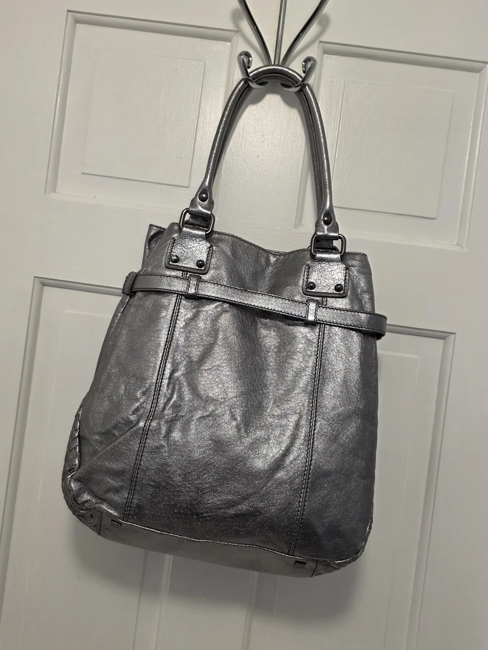 Elliott Lucca Silver Metallic Woven Front Leather Shoulder Bag, Stylish, Unique